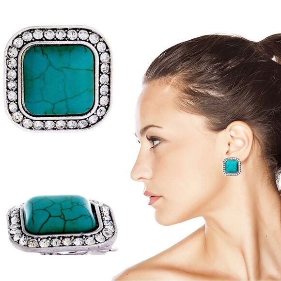 Women's CRYSTAL ACCENT SQUARE TURQUOISE EARRINGS - Picture 1 of 6